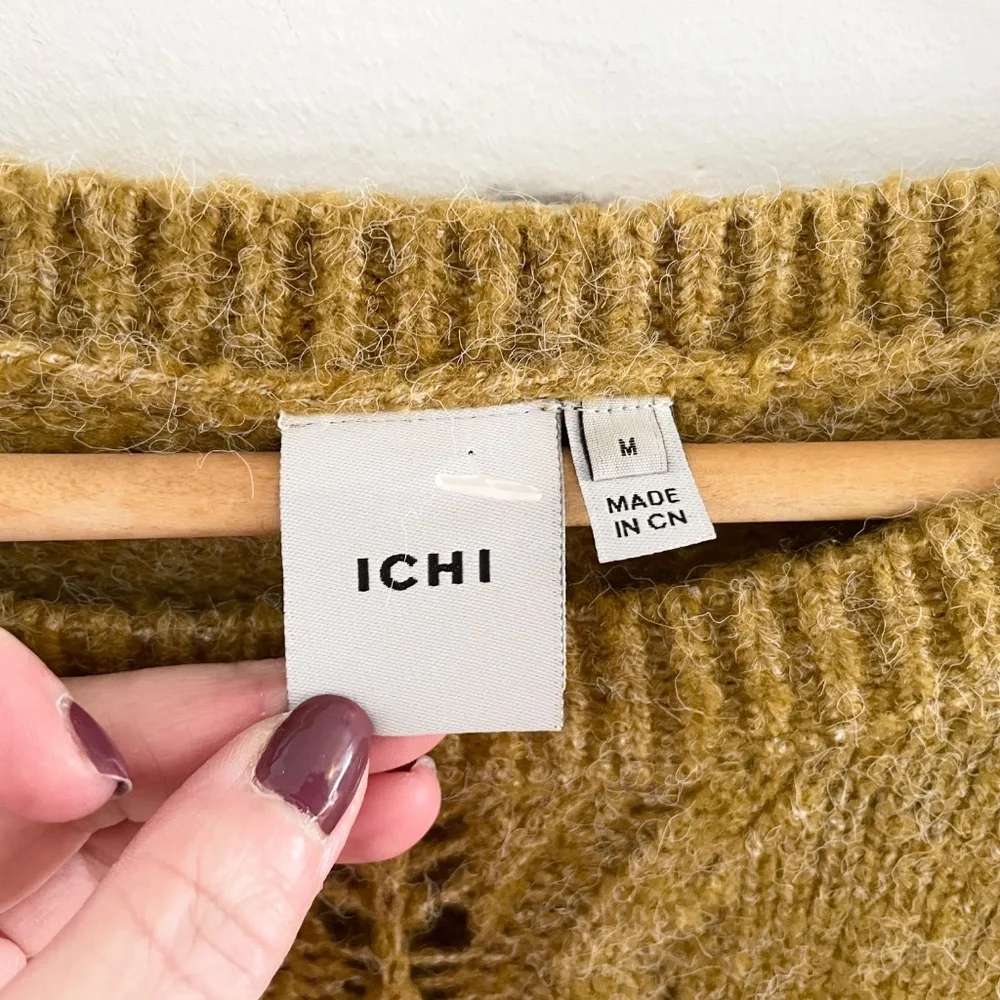 Anthropologie X ICHI Diamond Cable Knit Sweater Chunky Oversized Mustard Sz M - Picture 8 of 14